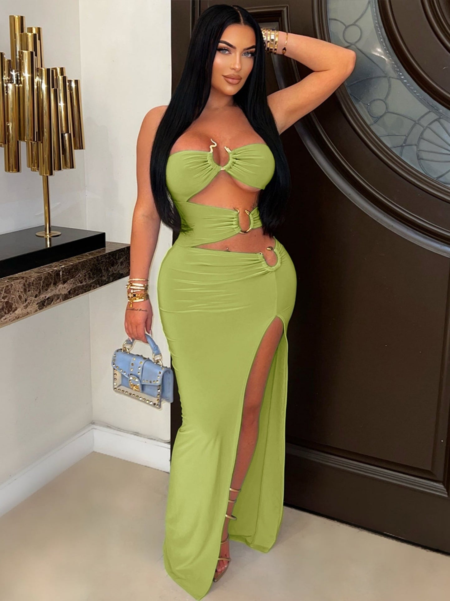 Hollow Out Metal Ring Splicing High Fork Hip Wrap Pleated Maxi Dresses