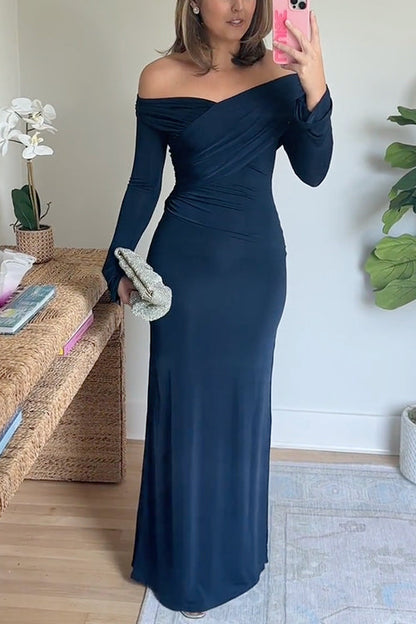 Off Shoulder Long Sleeves Ruched Solid Maxi Dress