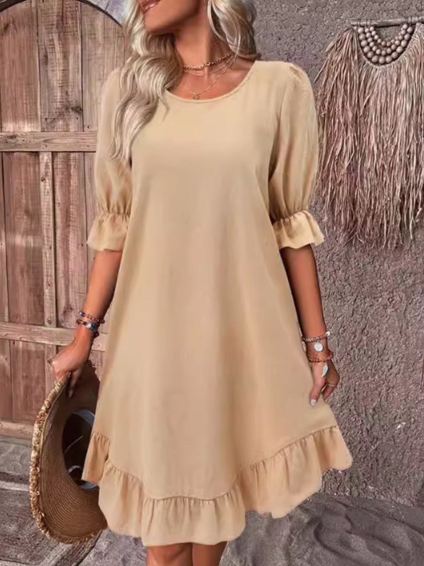 Ruffle Puff Sleeve Round Neck And Full Skirt Mini&Short Dresses