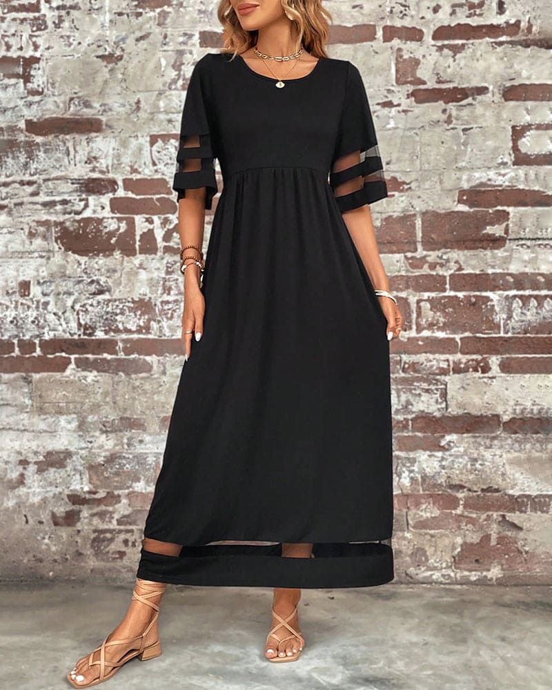 Sheer Mesh Panel Short Sleeve Empire Waist Column Maxi Dress