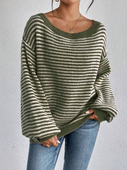 Stripes Off-the-shoulder Neckline Color Matching Knitted Sweater