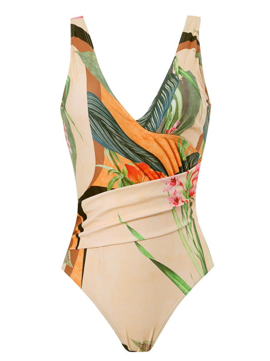 One-piece Swimsuit With Cross-over Print, Revealing Backpack And Hip-revealing Long Skirt (two-piece Set)