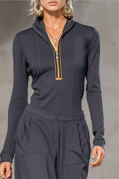 Casual Retro Dark Gray Zip-Up Top & Wide Pants Set