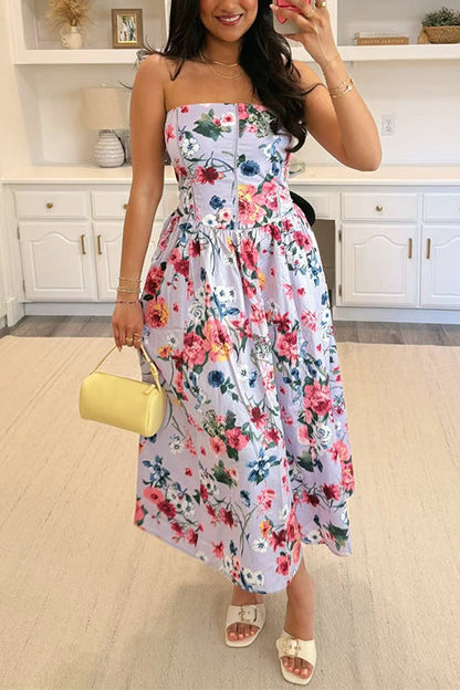 Strapless Tube Back Lace-up Floral Print Midi Dress