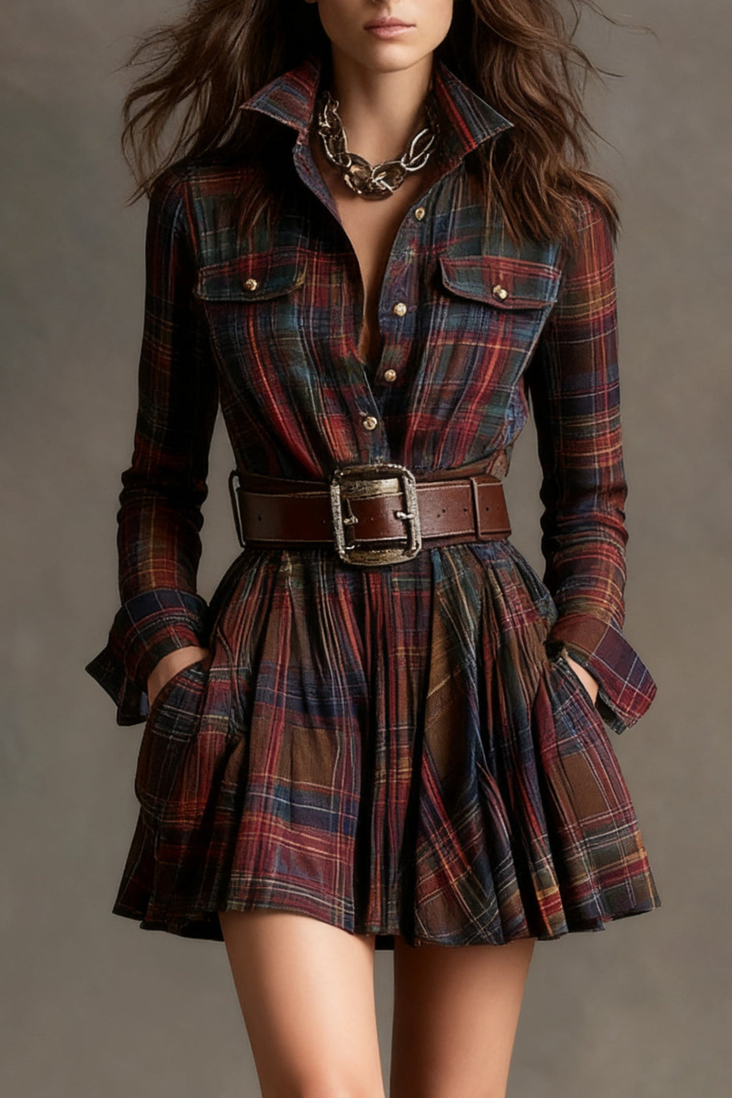 Vintage Lapel Red And Brown Plaid Mini Dress