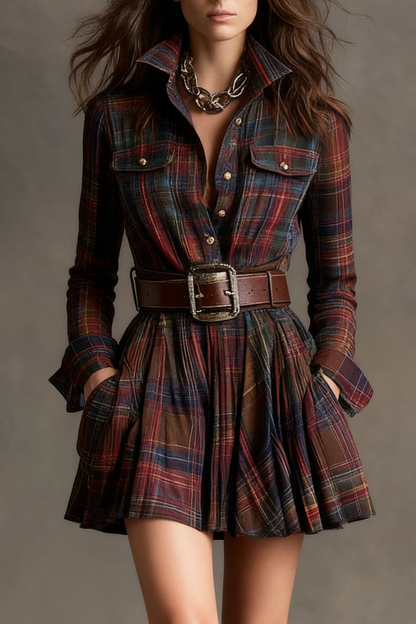 Vintage Lapel Red And Brown Plaid Mini Dress