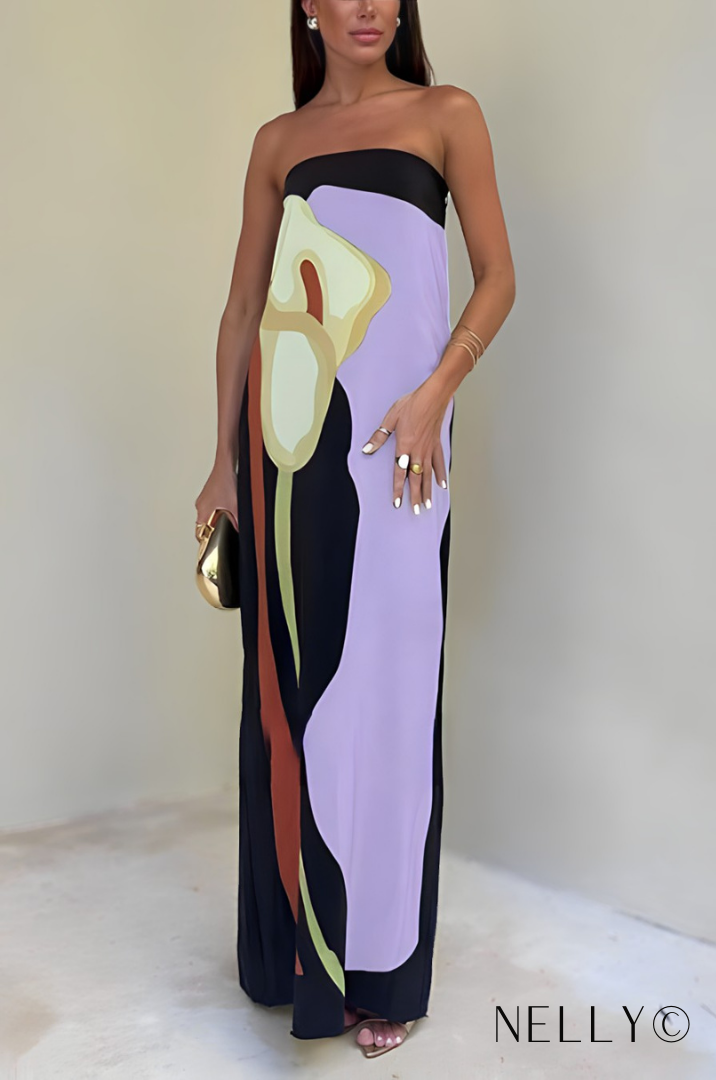 Strapless Abstract Calla Lily Graphic Column Maxi Dress