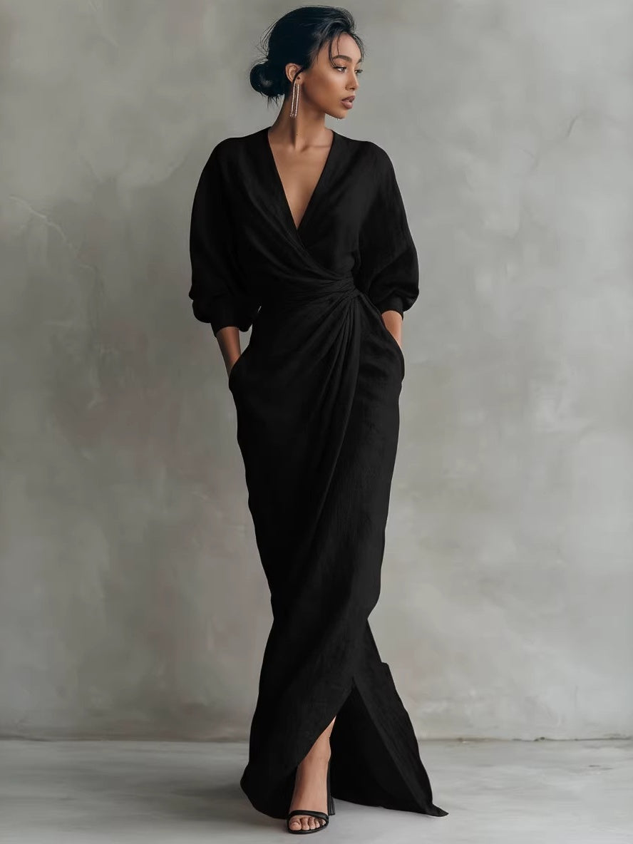 Solid Color V-neck Short-sleeved Zip-up Top And Elastic Waist Pants Two-piece Set