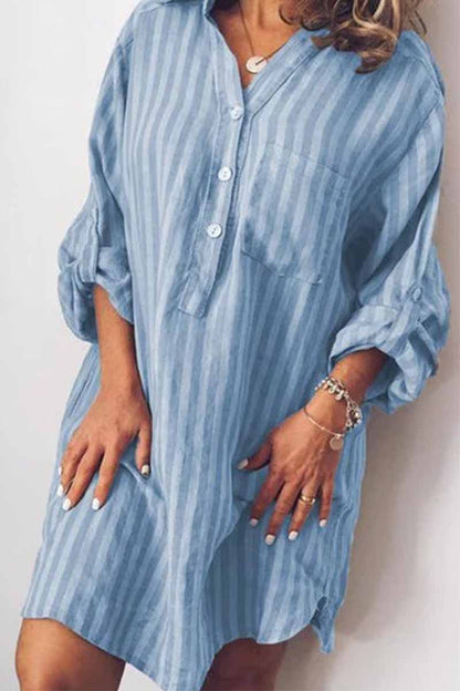 Vertical Stripe Collar Roll-Tab Sleeve Patch Pocket Shirt Mini Dress