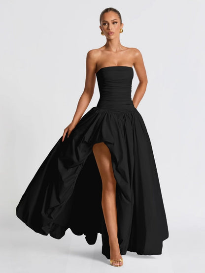 Pleated Slit Strapless Straps Maxi Dresses