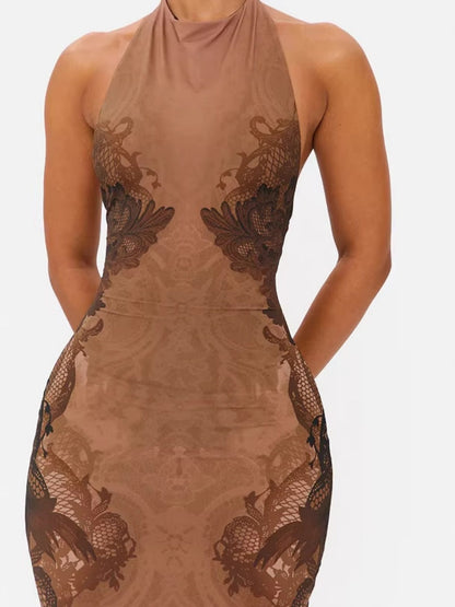 Halter French Backless Printed Formal Dress Maxi Dresses