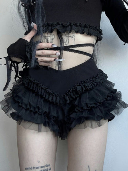 Lace Patchwork Layered High Waist Cake Shorts