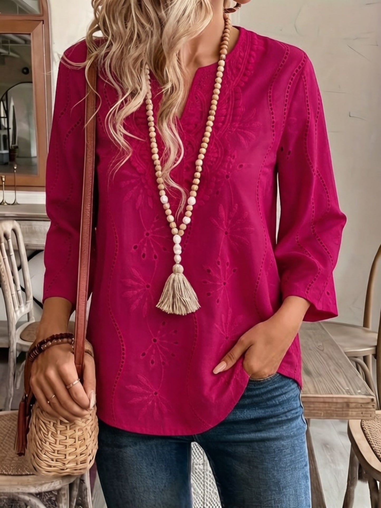 Lace Cutout Chiffon Embroidery V-neck  Flare Sleeve Long-sleeved T-shirt