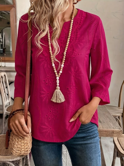 Lace Cutout Chiffon Embroidery V-neck  Flare Sleeve Long-sleeved T-shirt