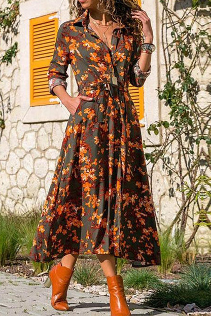 Tropical Botanical Print Collared Button-Front Tie-Waist Maxi Shirt Dress