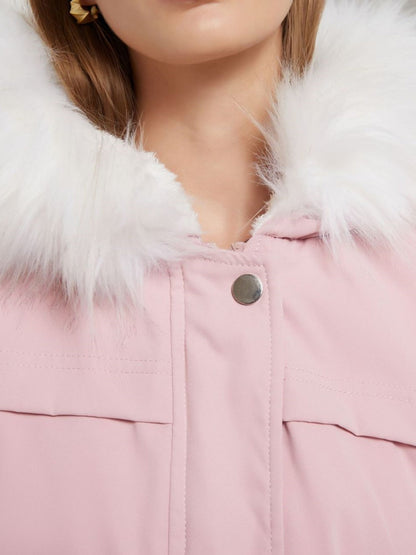 With Fur Collar Fleece Lined Hooded For Warmth Drawstring Pocket Down Jacket