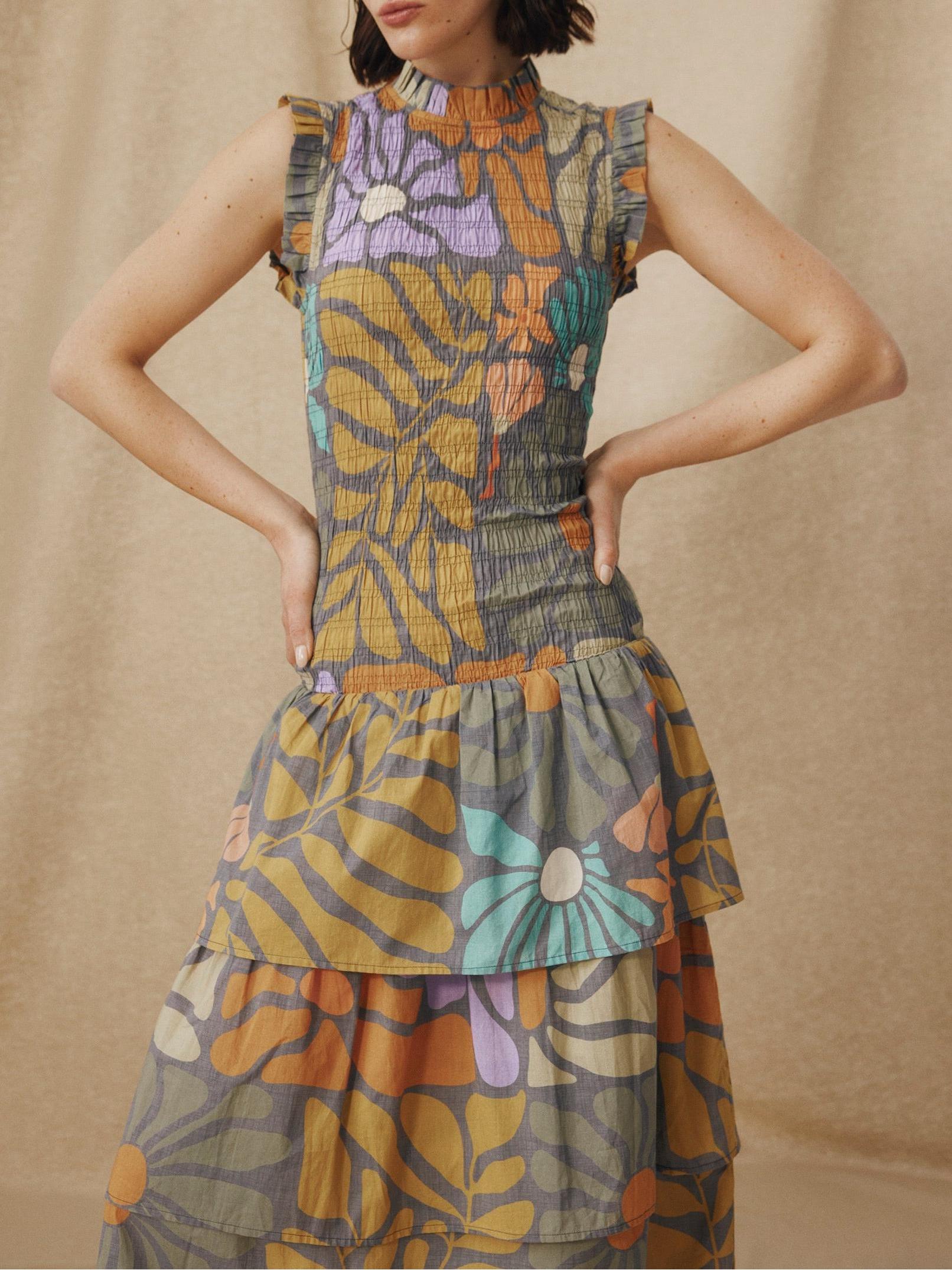 Mock Neck Smocked Bodice Sleeveless Botanical Print Tiered Midi Dress