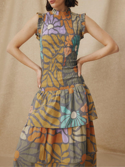 Mock Neck Smocked Bodice Sleeveless Botanical Print Tiered Midi Dress