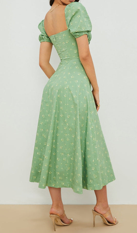 Vintage Floral Puff Sleeve Midi Dress in Green
