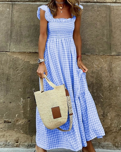 Gingham Smocked Square Neck Flutter Sleeve Tiered Maxi Dress