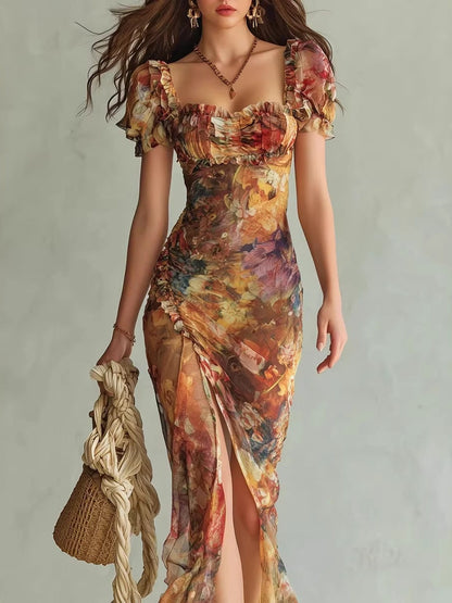 Floral V-neck Fitted Waist Ruffled Long Dress