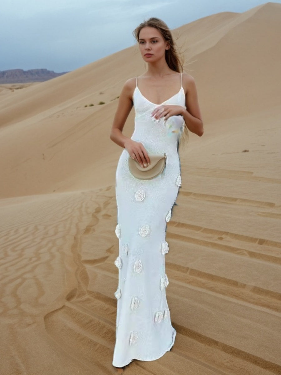 Hollow Crochet Knitting V-neck 3D Flowers Camisoles Maxi Dresses