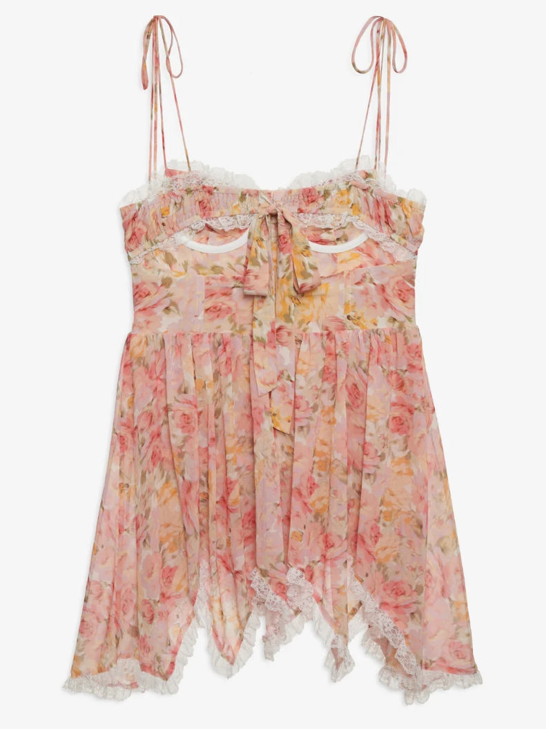 Spaghetti Strap Corset Rosette Lace Trim Handkerchief Hem Floral Mini Dress