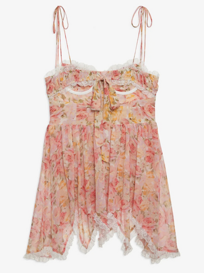 Spaghetti Strap Corset Rosette Lace Trim Handkerchief Hem Floral Mini Dress