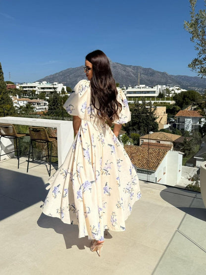 V-neck Puff Sleeve Printed Bandage Large Skirt Vacation And Leisure Maxi Dresses
