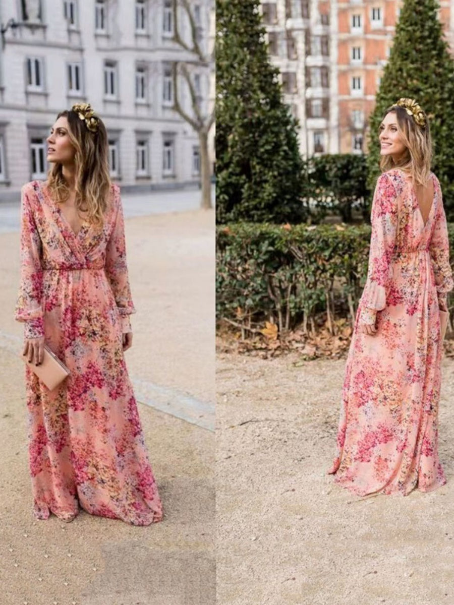 V-neck, Tie-waist, Floral Print, Fitted Waist, Full Skirt Long Dress
