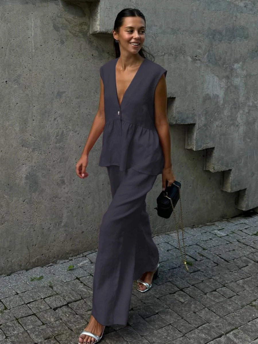 Cotton V-neck Sleeveless Top, Vest, And Trousers Buttons Solid Color 2-piece Sets