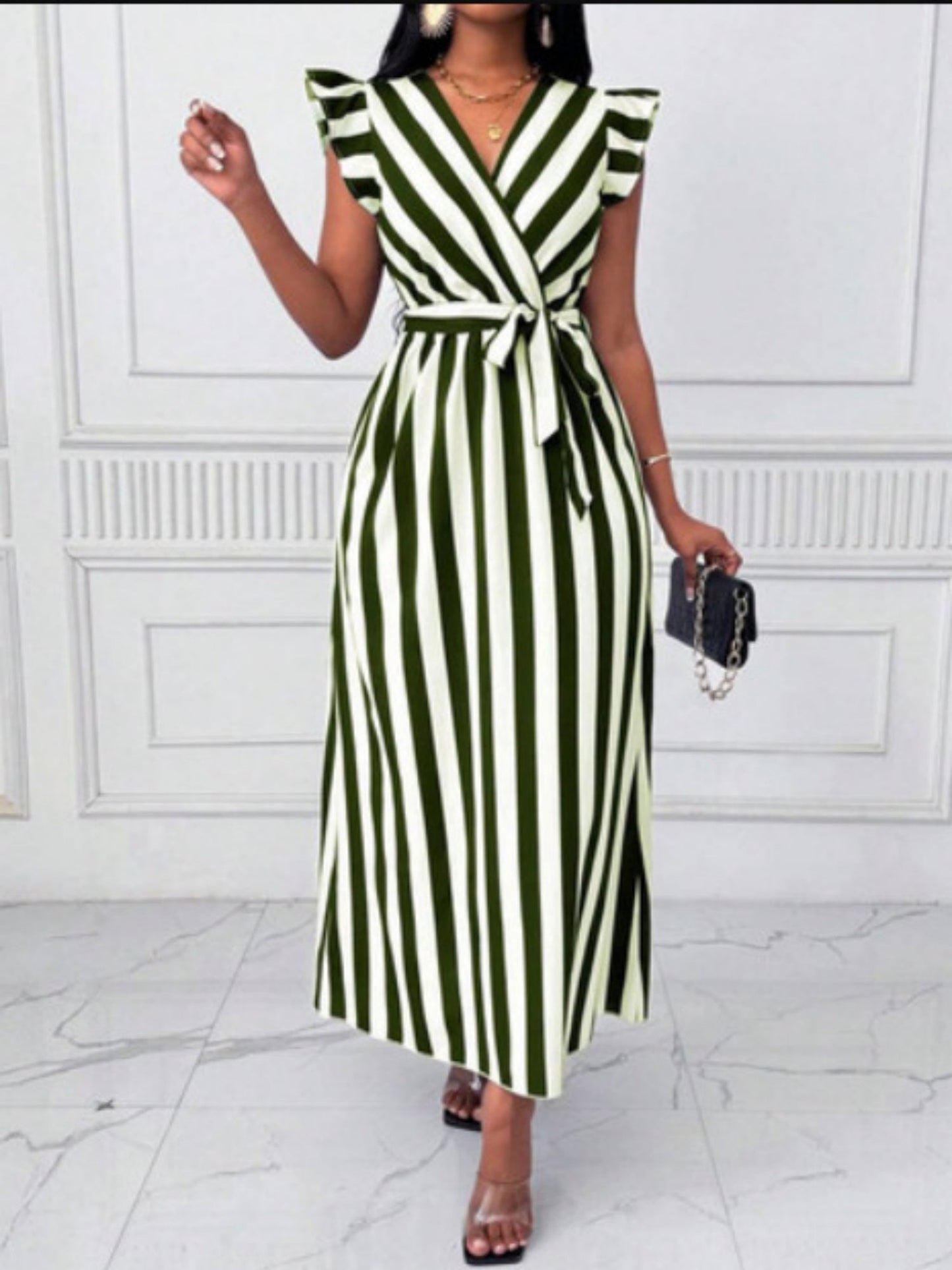 Stripes V-neck Belts Maxi Dresses