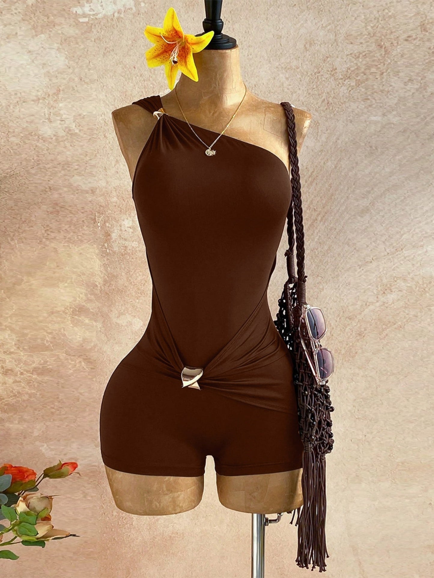 Metal Decoration One Shoulder Pleated Waist Shaping Jumpsuits