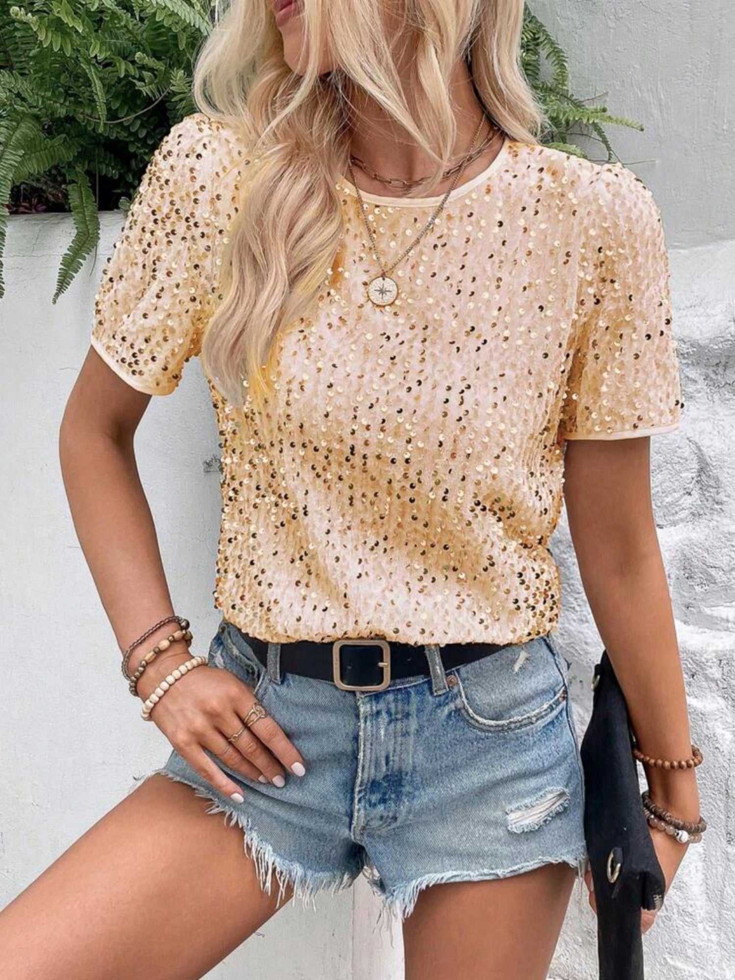 Sequins Crew Neck Short Sleeve T-shirt