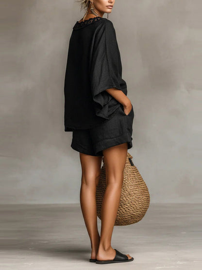 Simplicity Hood Batwing Sleeves T-shirts Bandage Loose-fit Stylish Shorts Set 2-piece Sets