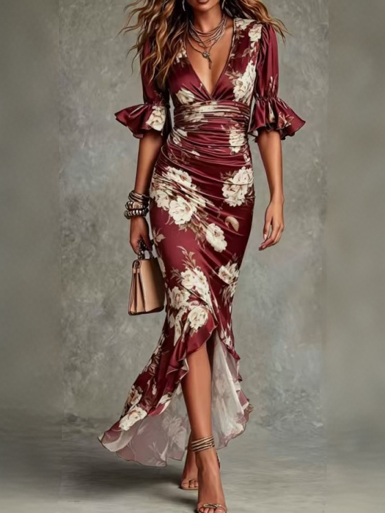 V-neck Slim-fit Printed Ruffle Long Dress