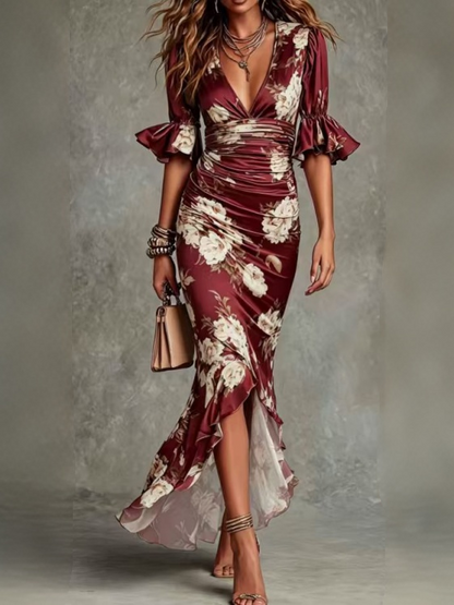 V-neck Slim-fit Printed Ruffle Long Dress