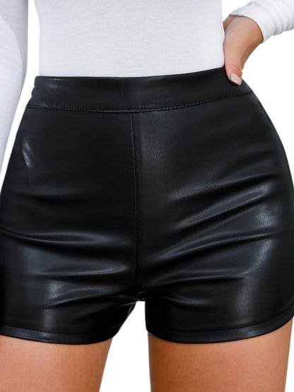 PU Leather Tight High-waisted Slit Hip Zipper Shorts