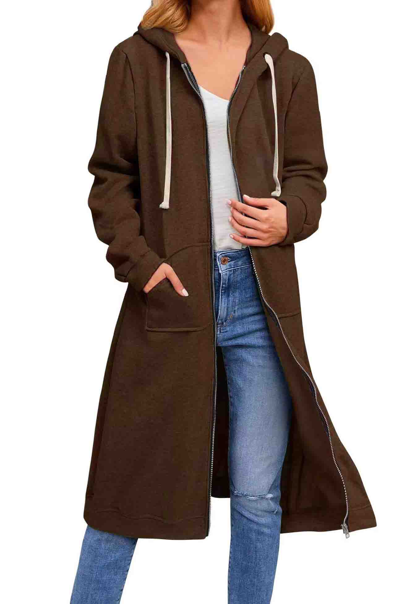 Solid Zip Up Drawstring Hooded Long Cardigan