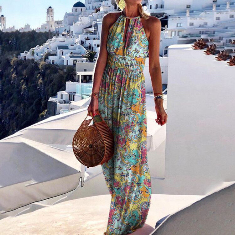 Paisley Print Halter Keyhole Smocked Waist Flowy Boho Maxi Dress