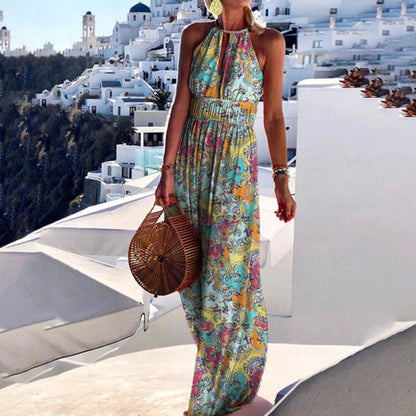 Paisley Print Halter Keyhole Smocked Waist Flowy Boho Maxi Dress