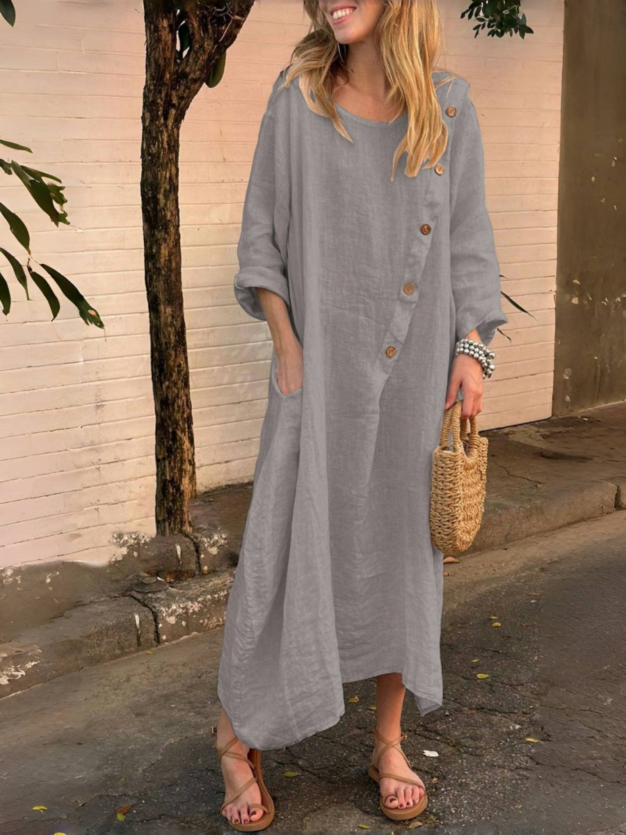 Round Neck, Long Sleeves, Solid Color Cotton And Linen, Irregular Buttons Maxi Dresses