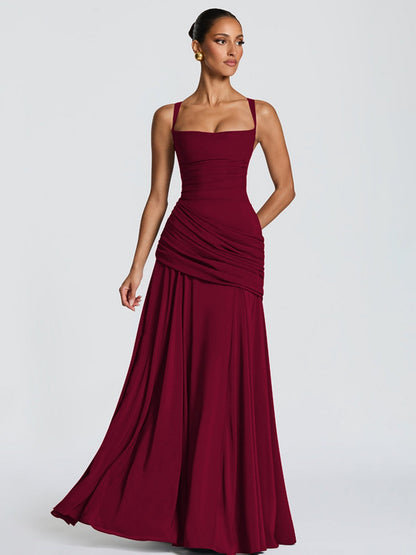 Pleated Waist-cinching And Backless Fish Tail Low-cut Halter Top Maxi Dresses