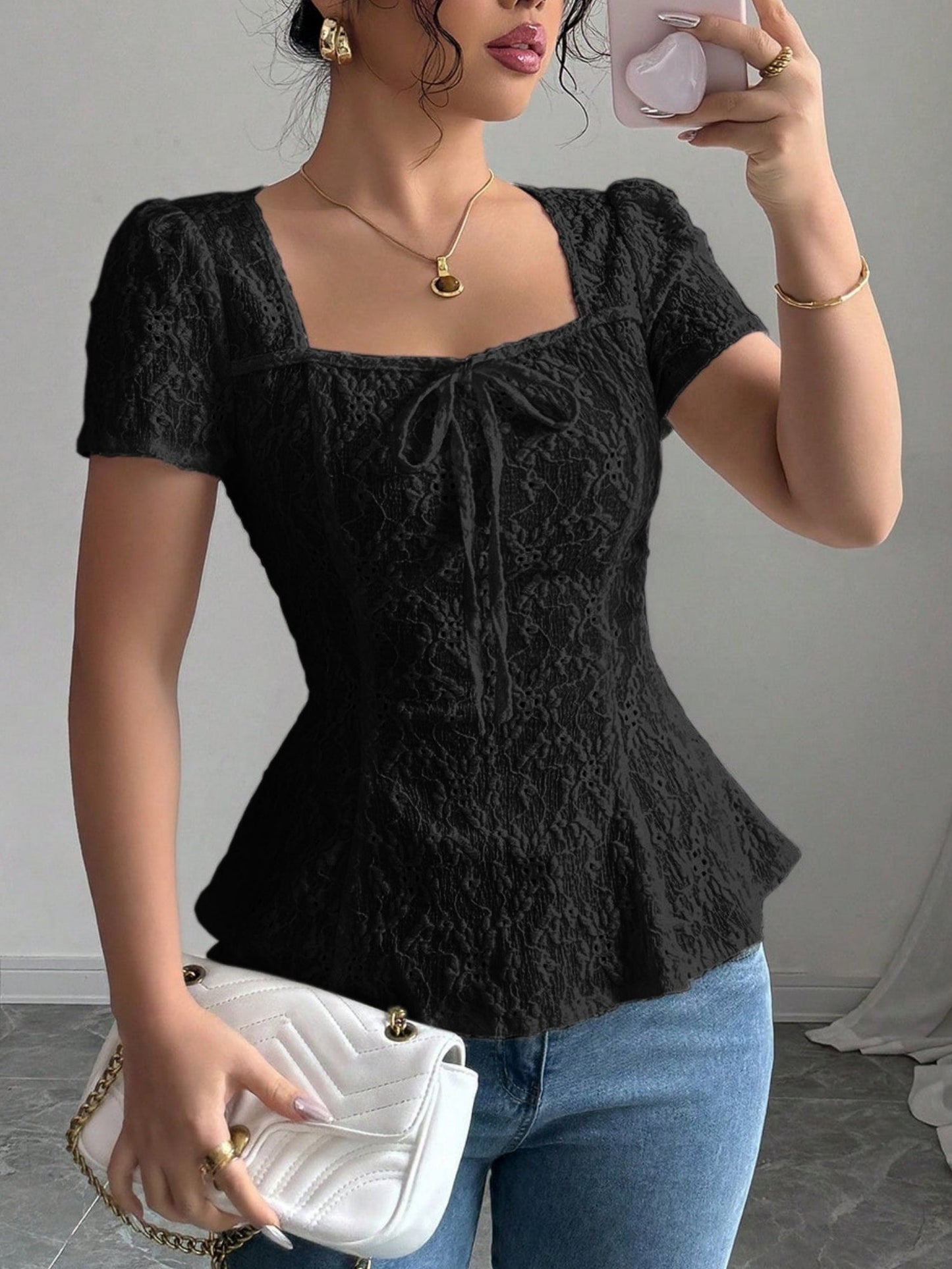 Lace Bow Tie Square Neck Short Sleeve T-shirts
