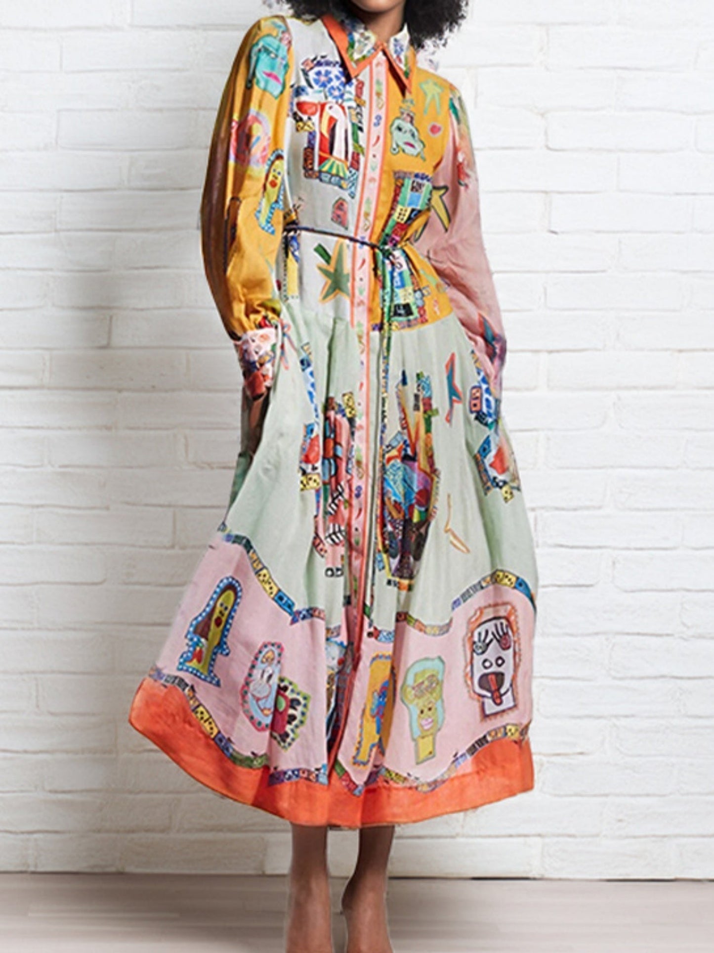Floral Print Bohemia Polo Collar Lantern Sleeves Maxi Dresses