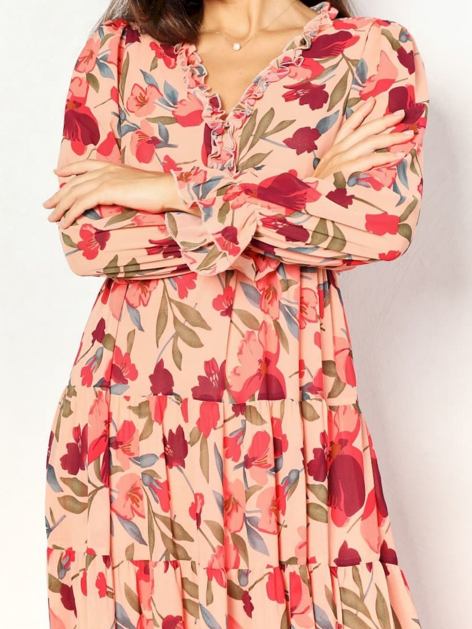 Floral Print V-neck Lantern Sleeves Maxi Dresses