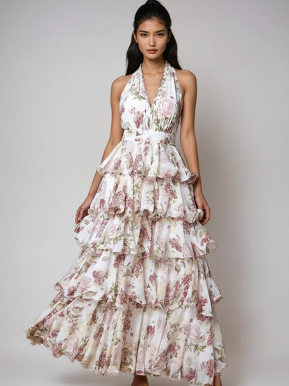 V-neck Spaghetti Strap Multi-layered Floral Print Long Dress