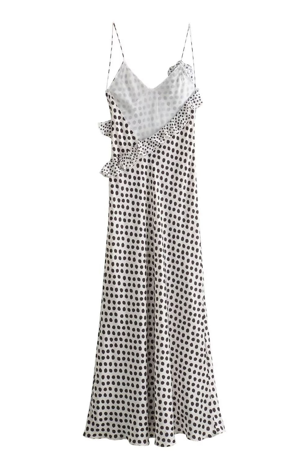 Polka Dot Print Deep V-Neck Asymmetric Ruffle Spaghetti Strap Bodycon Maxi Dress