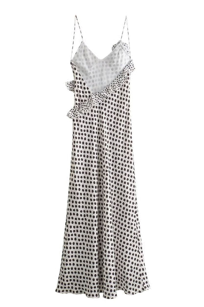 Polka Dot Print Deep V-Neck Asymmetric Ruffle Spaghetti Strap Bodycon Maxi Dress