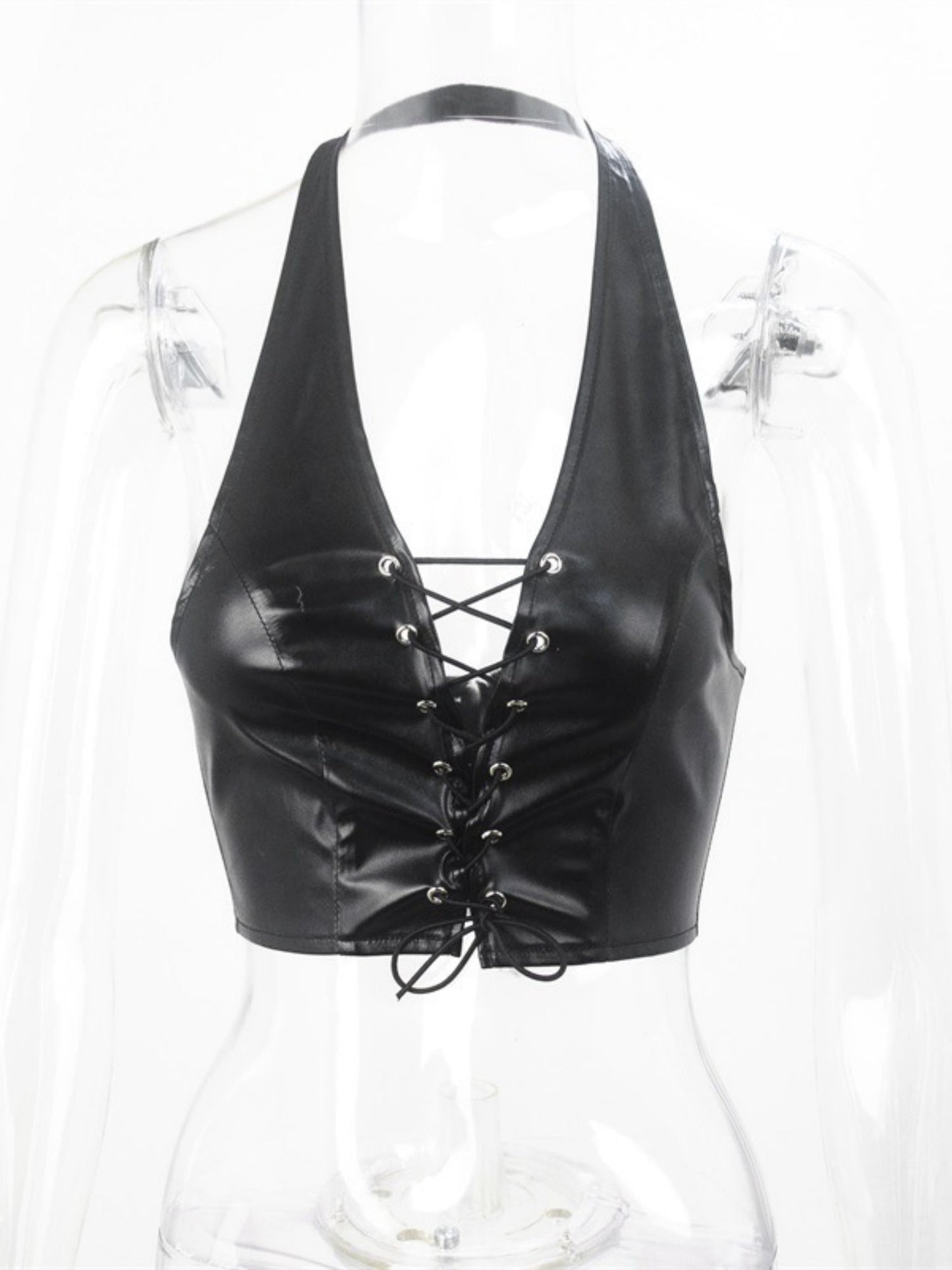 PU Leather Straps Halter Neck And Backless Tank Tops